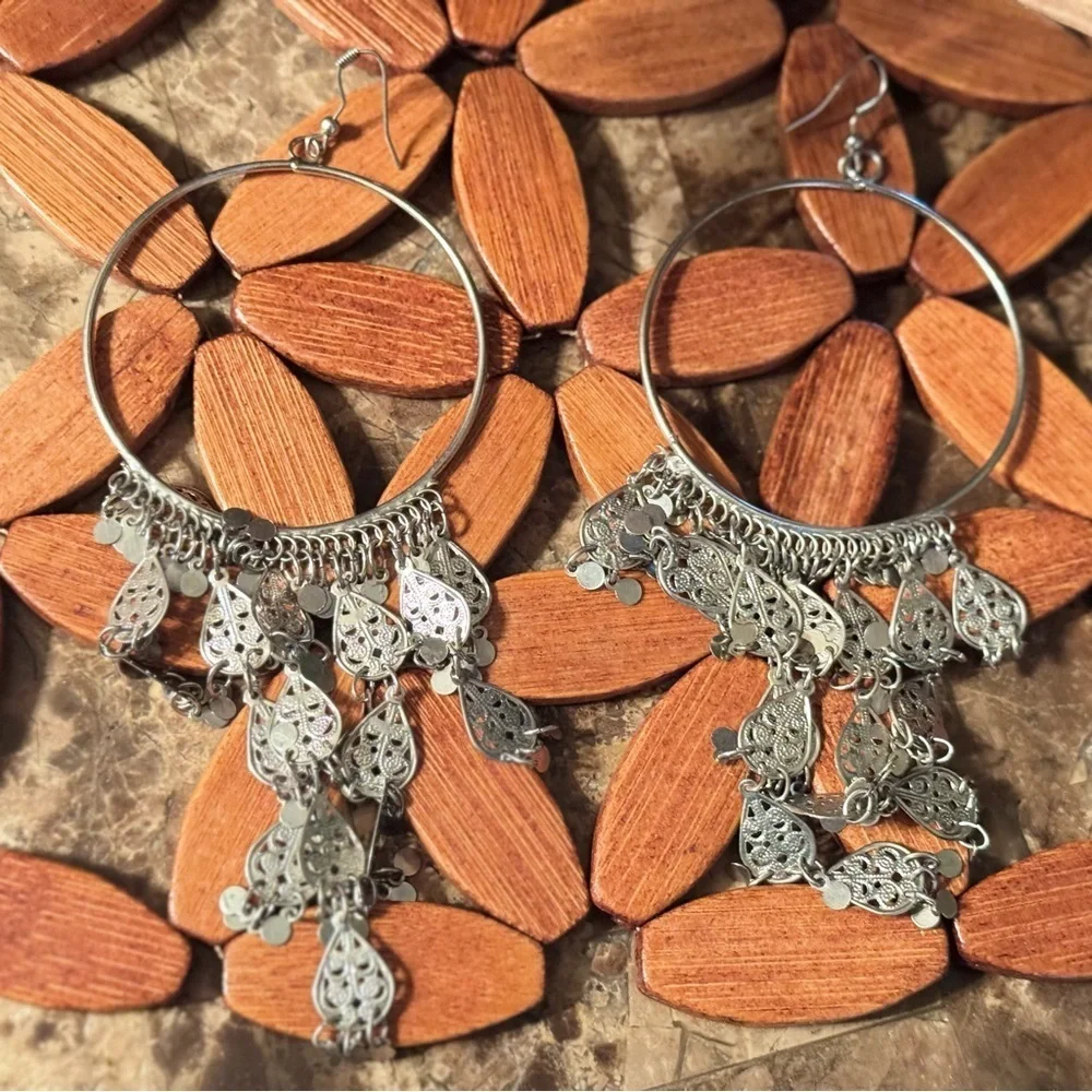 Silver Hoop Chandelier Earrings with Dangle Charms